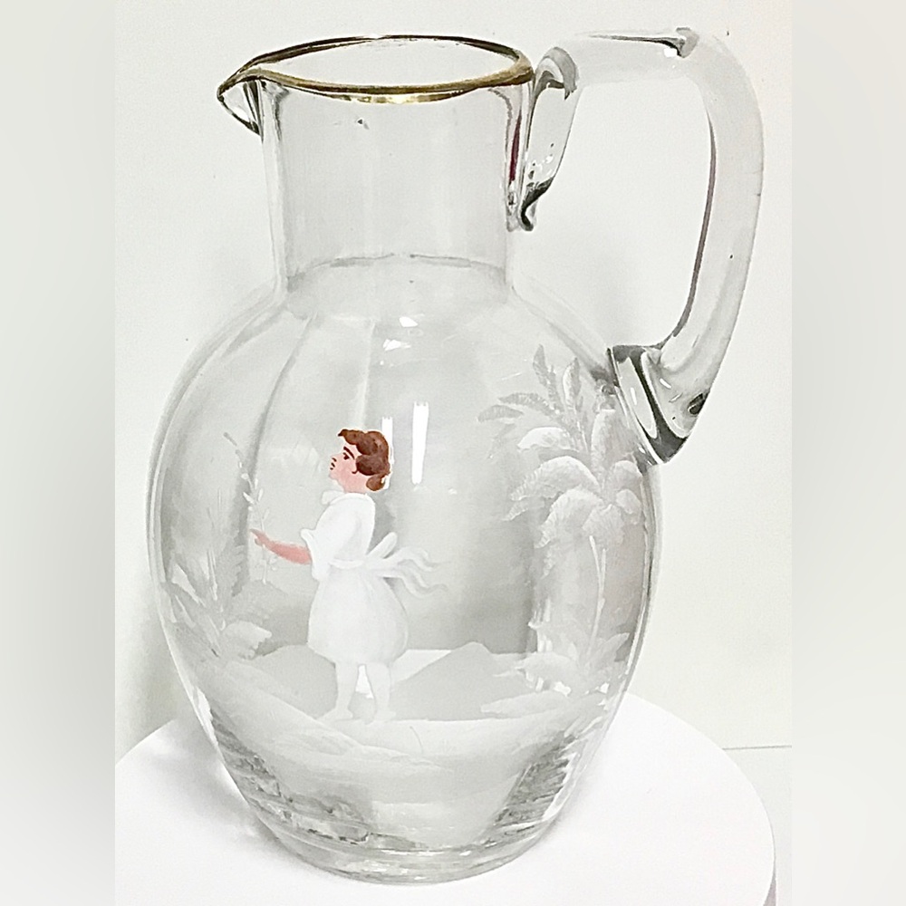 Antique ‘Mary Gregory’ Style Hand-blown Clear Glass Pitcher